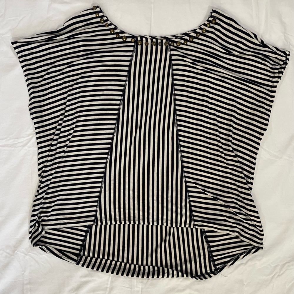 Ruby Rd. Black and White Striped Blouse with Studded Neckline